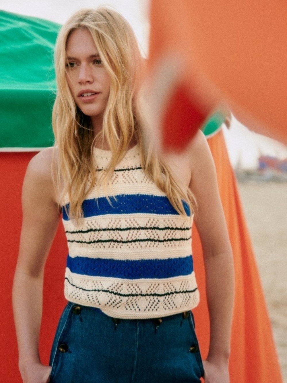Sezane Cream and Blue Striped Knit Tank